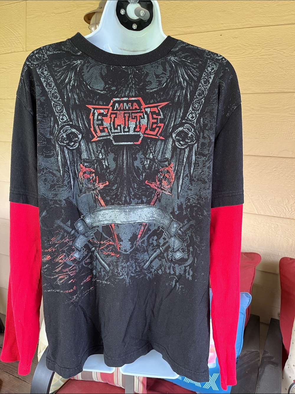 MMA Elite Black Long Sleeve Graphic Shirt with Red Sleeves Sz L